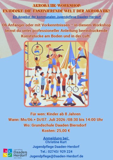 Hier sehen Sie den Flyer der Jugendpflege zum Workshop Akrobatik an der Grundschule Biersdorf.