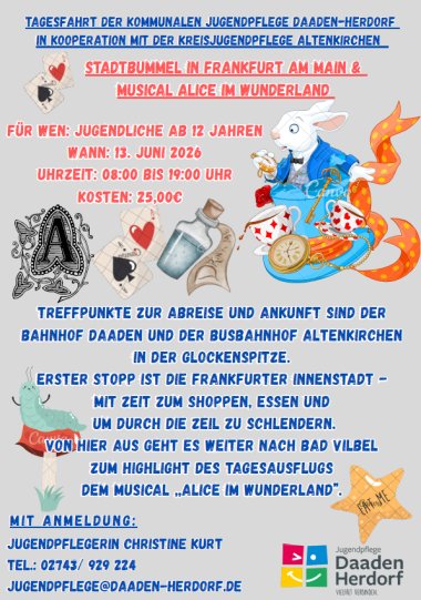 Hier sehen Sie den Flyer der Jugendpflege zum Tagesausflug nach Frankfurt zum Bummeln und anschließendem Musicalbesuch.