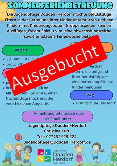 Flyer der Ferienbetreuung mit dem rot hinterlegten Hinweis, dass diese Veranstaltung bereist ausgebucht ist.