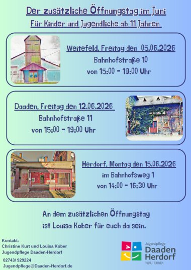 Hier sehen Sie den Flyer der Jugendpflege zu den zusätzlichen Öffnungstagen im Monat Mai.