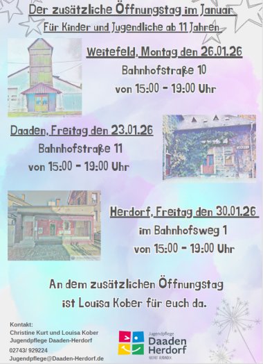 Zusatzöffnungstage Januar Flyer mit den zusätzlichen Öffnungstagen der Jugendräume im Januar 2026.