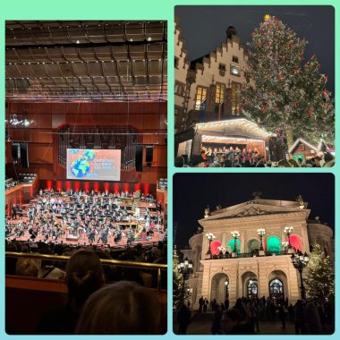 Tagesfahrt Frankfurt Eine Bildcollage auf die Frankfurter Oper von außen und innen zu sehen ist. Auf der Bühne stehen Musiker. Außerdem einem Bild vom Frankfurter Weihnachtsmarkt mit Verkaufshütte und großem festlich geschmücktem Weihnachtsbaum.