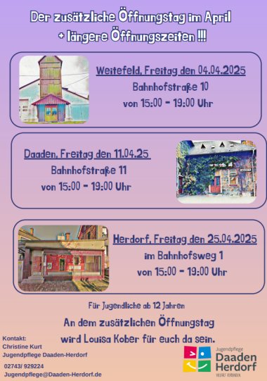 Hier sehen Sie die Zusatztermine im Monat April in den einzelnen Jugendtreffs der Verbandsgemeinde Daaden-Herdorf. Weitefeld, am 4. April von 15-19 Uhr. Daaden, am 11. April von 15-19 Uhr und Weitefeld, am 25. April von 15-19 Uhr.