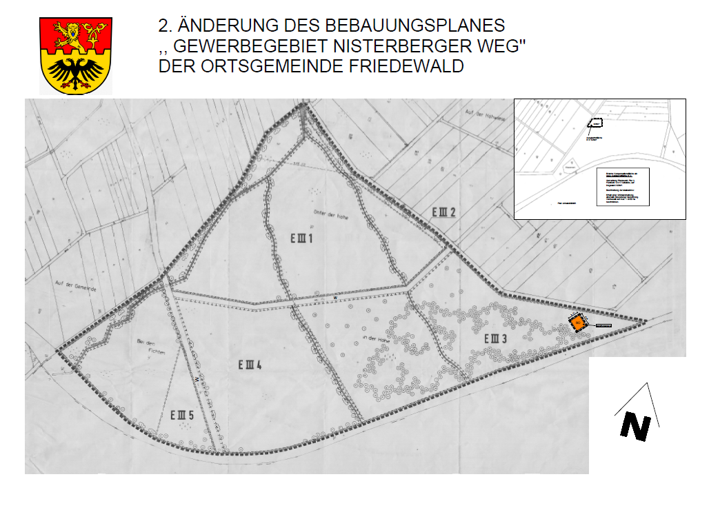 Hier sehen Sie die Flurkarte mit dem markierten Bereich zur 2. Änderung des Bebauungsplanes „Gewerbegebiet Nisterberger Weg“ gem. § 13 BauGB in Friedewald.