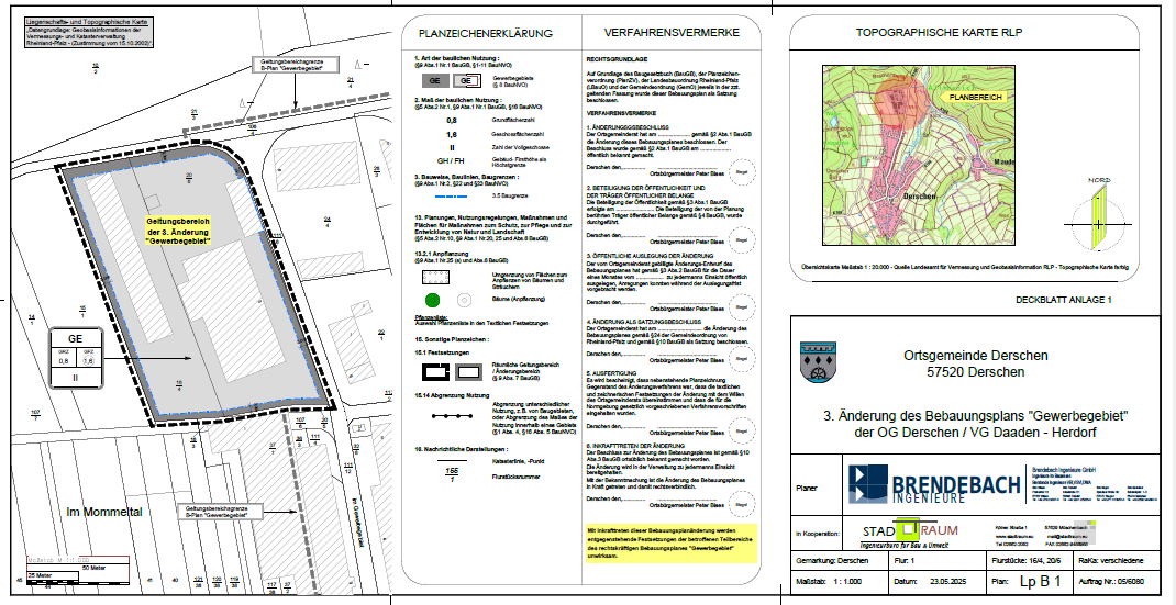 Hier sehen Sie die Planzeichnung der 3. Änderung des des Bebauungsplanes “Gewerbegebiet“ gem. § 13 BauGB in Derschen.