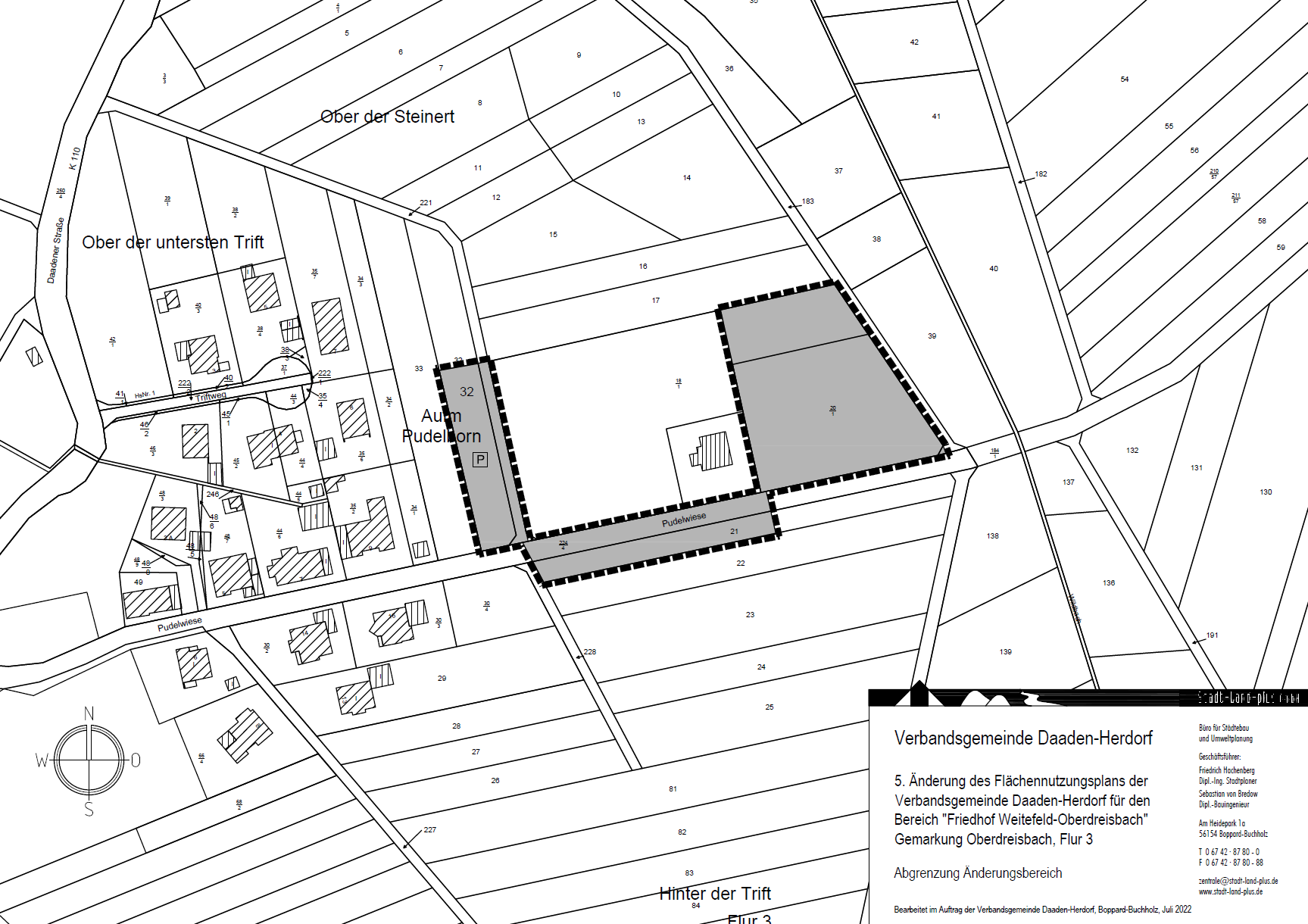 Hier ist ein Lageplan des Bereiches „Friedhof Weitefeld-Oberdreisbach“ der Ortsgemeinde Weitefeld zu sehen, die zu ändernden Flächen wurden grau schraffiert.
