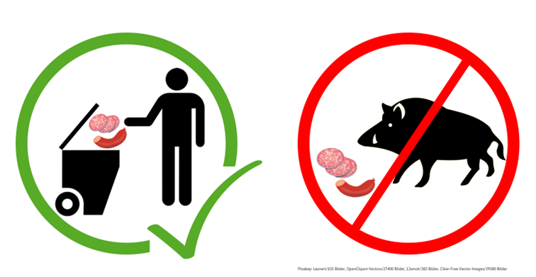 Hier sehen Sie einen Hinweis zum Umgang mit tierischen Lebensmitteln im Wald, diese sollten unbedingt in verschließbare Mülltonnen und nicht achtlos weggeworfen werden. Dies soll eine weitere Verbreitung der afrikanischen Schweinepest verhindern.