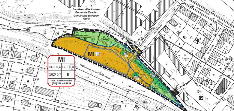Hier sehen Sie die Aufstellung des vorhabenbezogenen Bebauungsplanes “Freikirchliches Gemeindezentrum Biersdorf“ gem. § 13a BauGB in der Stadt Daaden.