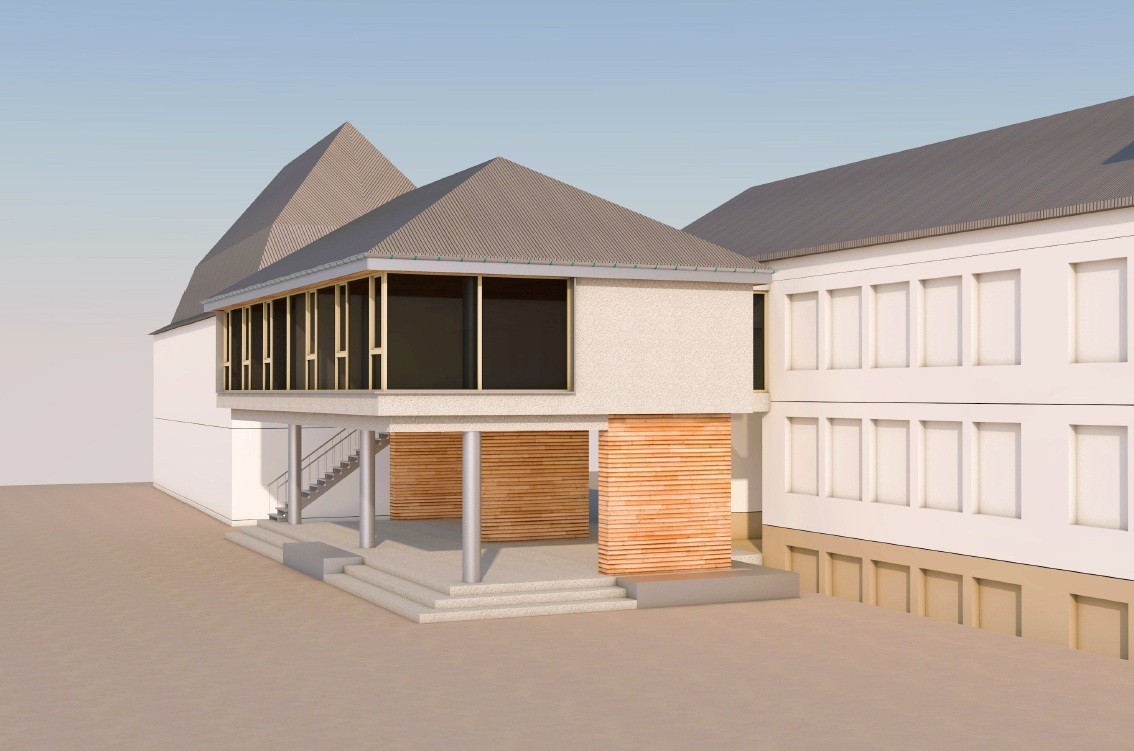 Hier sehen Sie den vom Rat präferierten Entwurf für den Anbau der Daadetal-Grundschule. Das Bild zeigt den Eingangsbereich mit Pausenhalle, auf  dem der neue Anbau platziert werden soll.