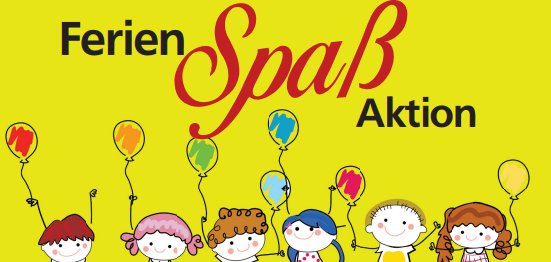 Hier sehen Sie das logo der Ferienspaßaktion der Stadt Daaden. Der Name auf gelben Hintergrund, am unteren Ende Kinder als Strichmännchen gezeichnet mit Luftballons in der Hand.