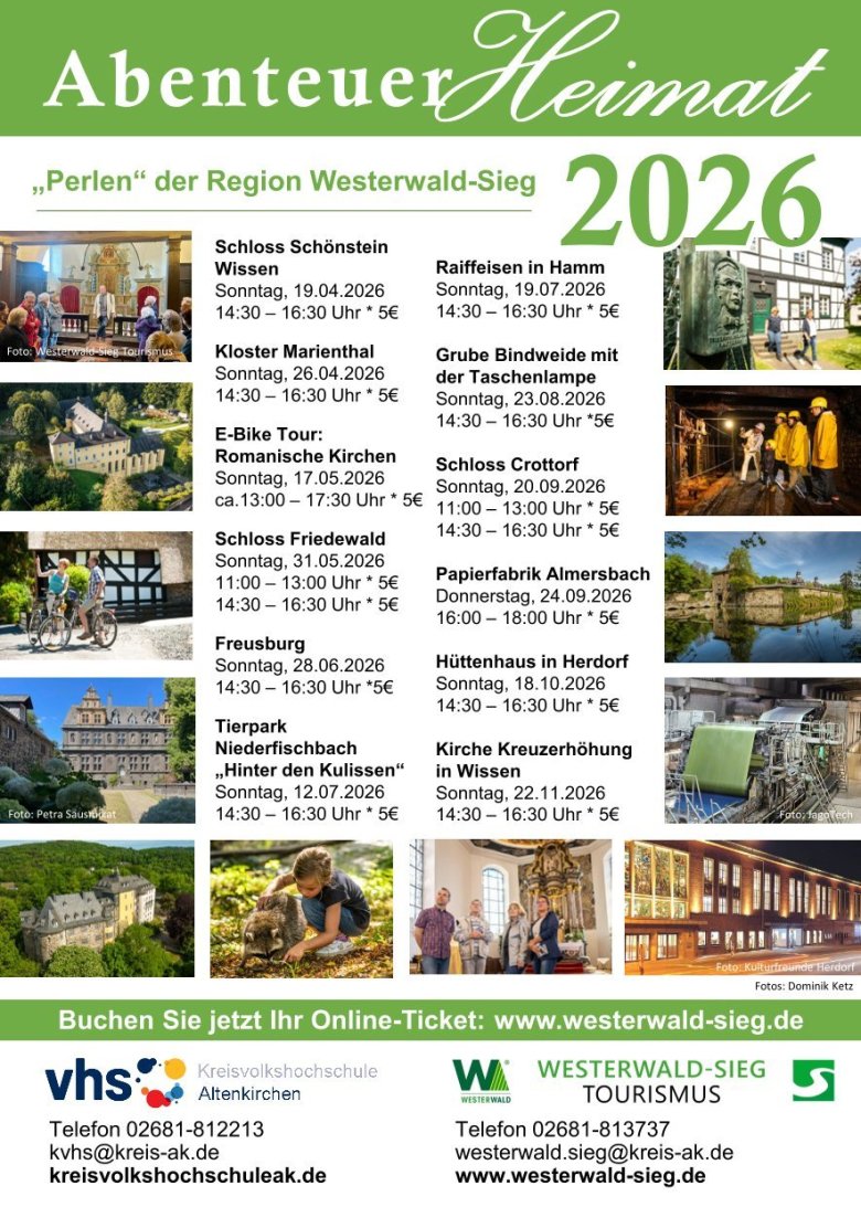 Flyer für die Veranstaltungsreihe "Abenteuer Heimat" mit Bildern der unterschiedlichen Veranstaltungsorte.