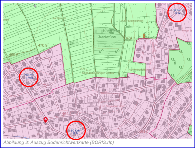 Auszug aus den Bodenrichtwertkarte auf denen die Preise für den Quadratmeter eingezeichnet sind.