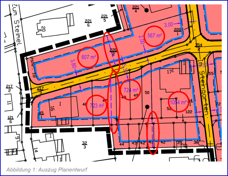 Ein Auszug aus dem Planentwurf auf dem das Gebiet rot eingefärbt ist.