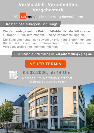 Flyer zur Schulung für das Vergabeportal subreport "ELViS" auf dem der Veranstaltungsort das Rathaus Betzdorf zu sehen ist sowie die wichtigsten Eckdaten der Veranstaltung.