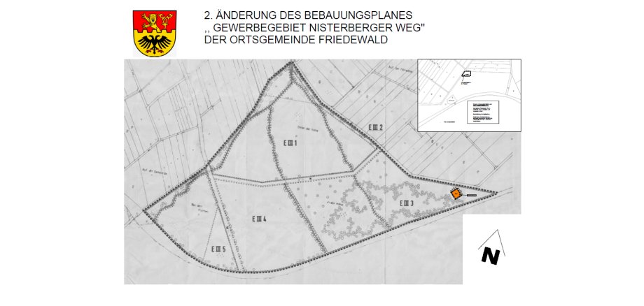 Hier sehen Sie die Flurkarte mit dem markierten Bereich zur 2. Änderung des Bebauungsplanes „Gewerbegebiet Nisterberger Weg“ gem. § 13 BauGB in Friedewald.