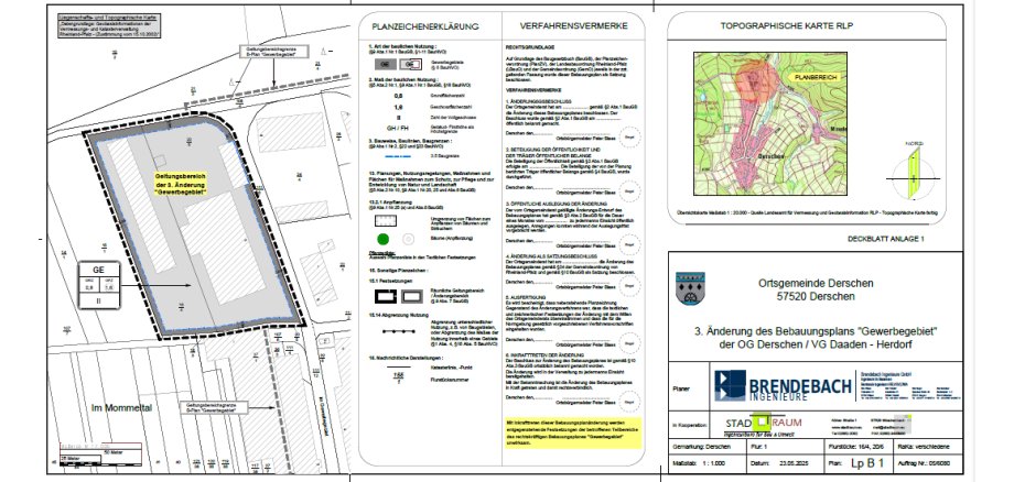 Hier sehen Sie die Planzeichnung der 3. Änderung des des Bebauungsplanes “Gewerbegebiet“ gem. § 13 BauGB in Derschen.