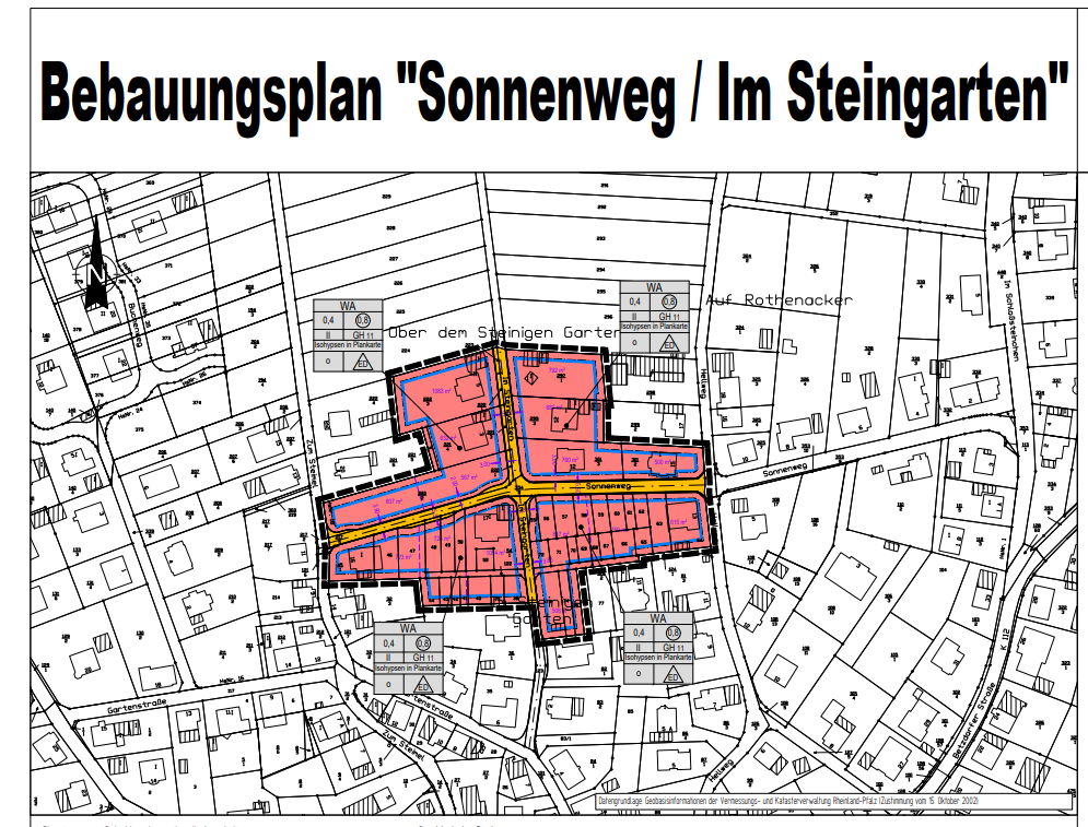 Hier sehen Sie eine Flurkarte mit orange markierten Flächen. Bei diesen Flächen handelt es sich um den Bebauungsplan im Verfahren Sonnenweg-Steingarten" in Weitefeld.
