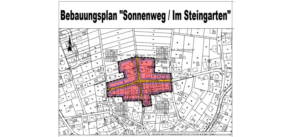 Hier sehen Sie eine Flurkarte mit orange markierten Flächen. Bei diesen Flächen handelt es sich um den Bebauungsplan im Verfahren Sonnenweg-Steingarten" in Weitefeld.
