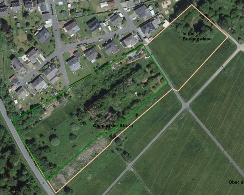 Darstellung des ursprünglichen Plangebietes (rosa Umrandung, ca. 2,34 ha) im Vergleich zum verkleinerten Plangebiet (grün, ca. 1,5 ha)