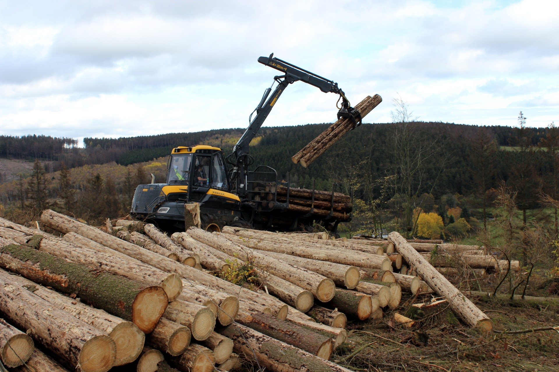 Hier sehen Sie einen Harvester bei der Holzernte auf dem Stirnskopf bei Emmerzhausen.