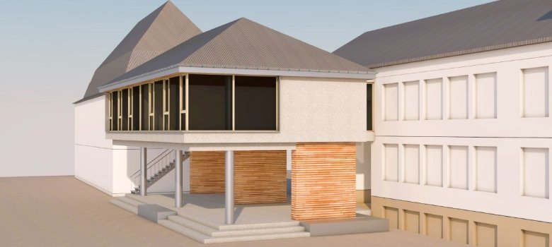 Hier sehen Sie den vom Rat präferierten Entwurf für den Anbau der Daadetal-Grundschule. Das Bild zeigt den Eingangsbereich mit Pausenhalle, auf  dem der neue Anbau platziert werden soll.