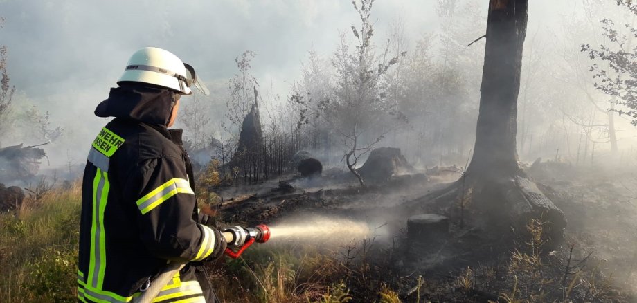 Hier sehen Sie einen Feuerwehrmann mit Löschschlauch beim Löschen eines Waldbrandes.