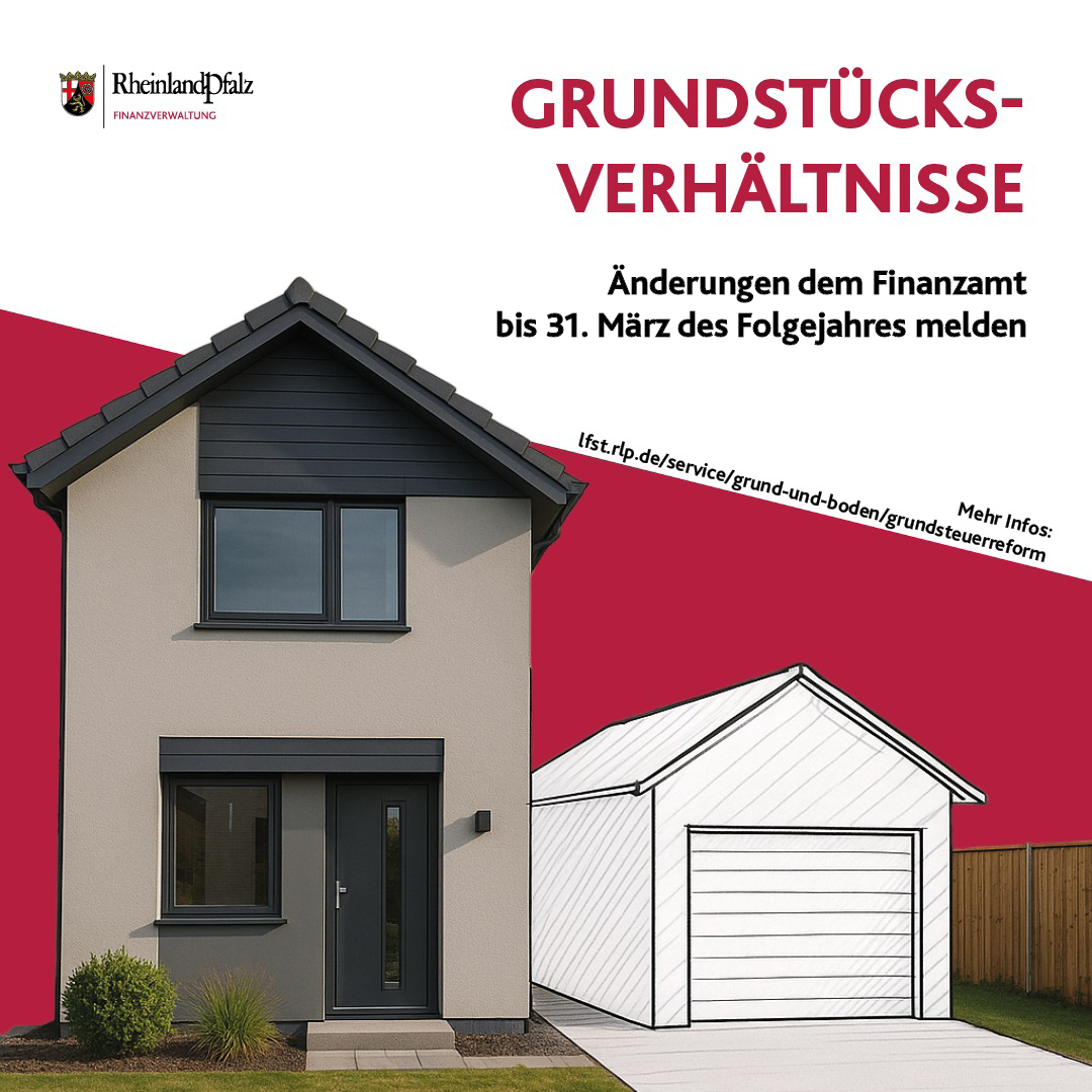 Auf dem Plakat zur Anzeige von Änderungen bei Grundstücksverhältnissen ist ein Haus zu sehen, neben dem skizzenhaft eine Garage eingezeichnet ist.