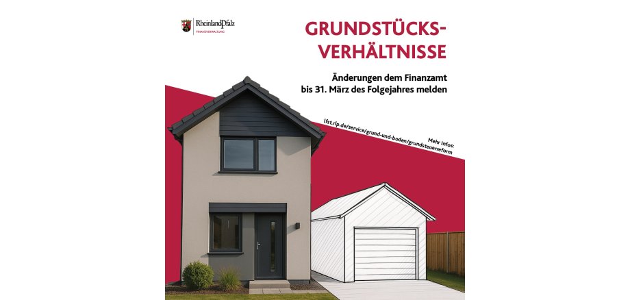 Auf dem Plakat zur Anzeige von Änderungen bei Grundstücksverhältnissen ist ein Haus zu sehen, neben dem skizzenhaft eine Garage eingezeichnet ist.