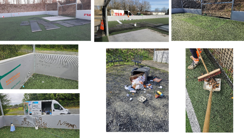 Bildercollage von Verunreinigungen, Müll und Beschädigungen am neuen Kleinspielfeld in Weitefeld.