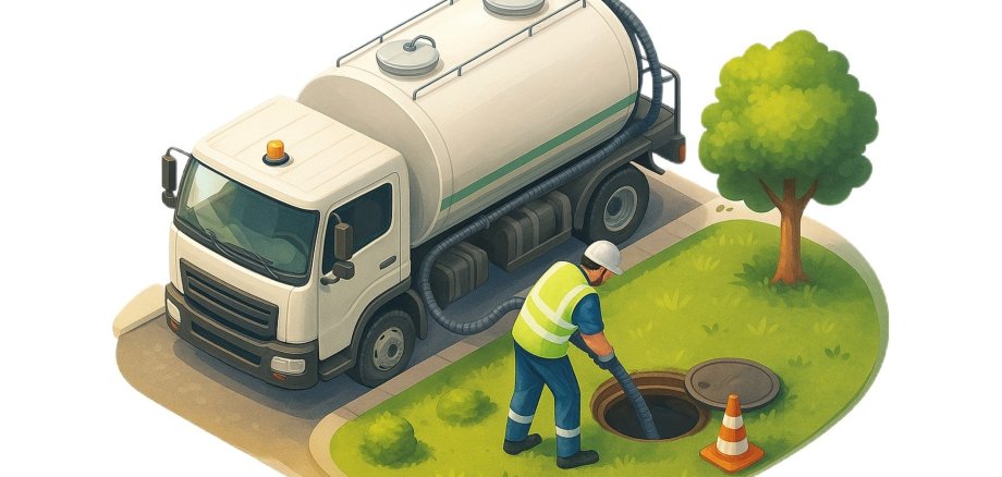 Eine grafische Darstellung von einem LKW mit Schlauch, der in einem geöffneten Gullideckel mündet.