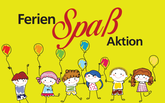Hier sehen Sie das logo der Ferienspaßaktion der Stadt Daaden. Der Name auf gelben Hintergrund, am unteren Ende Kinder als Strichmännchen gezeichnet mit Luftballons in der Hand.