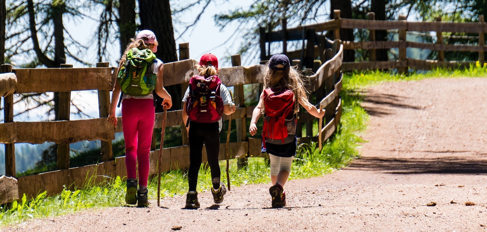 Hier sehen Sie drei Kinder mit Rucksäcken und Stöcken, die gemeinsam wandern.
