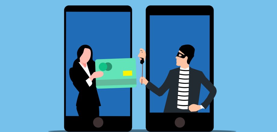 Betrug - Scam Ein grafische Darstellung von zwei Handys und zwei Personen, wobei eine eine Maske trägt, um ihre Identität zu verschleiern. Die andere unmaskierte Person überreicht der maskierten eine Geldkarte.