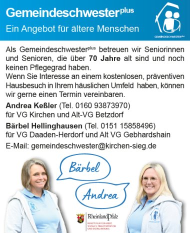 Der Informationsflyer zur Gemeindeschesterplus mit Portraits der aktuellen Gemeindeschwestern Bärbel Hellinghausen und Andrea Keßler, sowie einer Beschreibung ihrer Aufgaben und ihre Kontaktdaten.