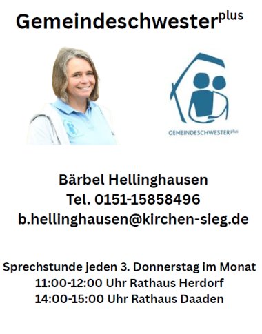 Informationsflyer der Gemeindeschwesterplus Bärbel Hellinghausen mit Portrait, Handynummer und Sprechstundenzeiten.